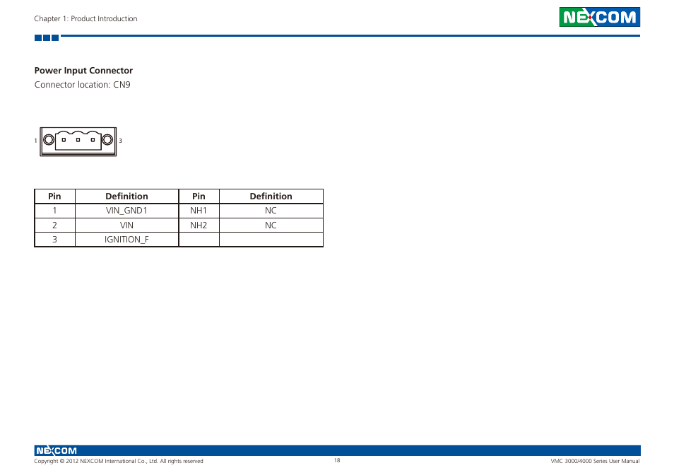 Power input connector | NEXCOM VMC 3000/ 3001 User Manual | Page 34 / 190