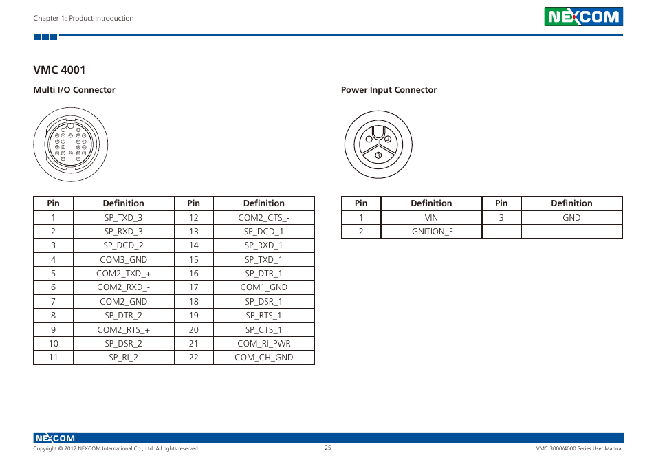 Vmc 4001, Multi i/o connector power input connector | NEXCOM VMC 3000/ 3001 User Manual | Page 41 / 190