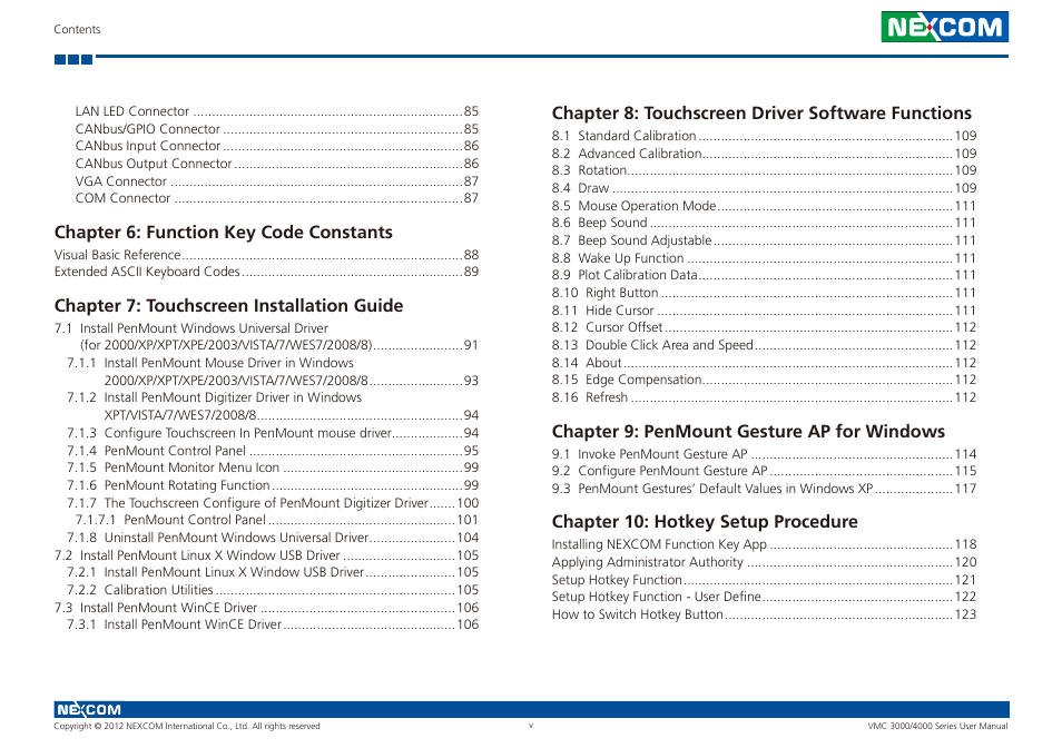 Chapter 6: function key code constants, Chapter 7: touchscreen installation guide, Chapter 8: touchscreen driver software functions | Chapter 9: penmount gesture ap for windows, Chapter 10: hotkey setup procedure | NEXCOM VMC 3000/ 3001 User Manual | Page 5 / 190