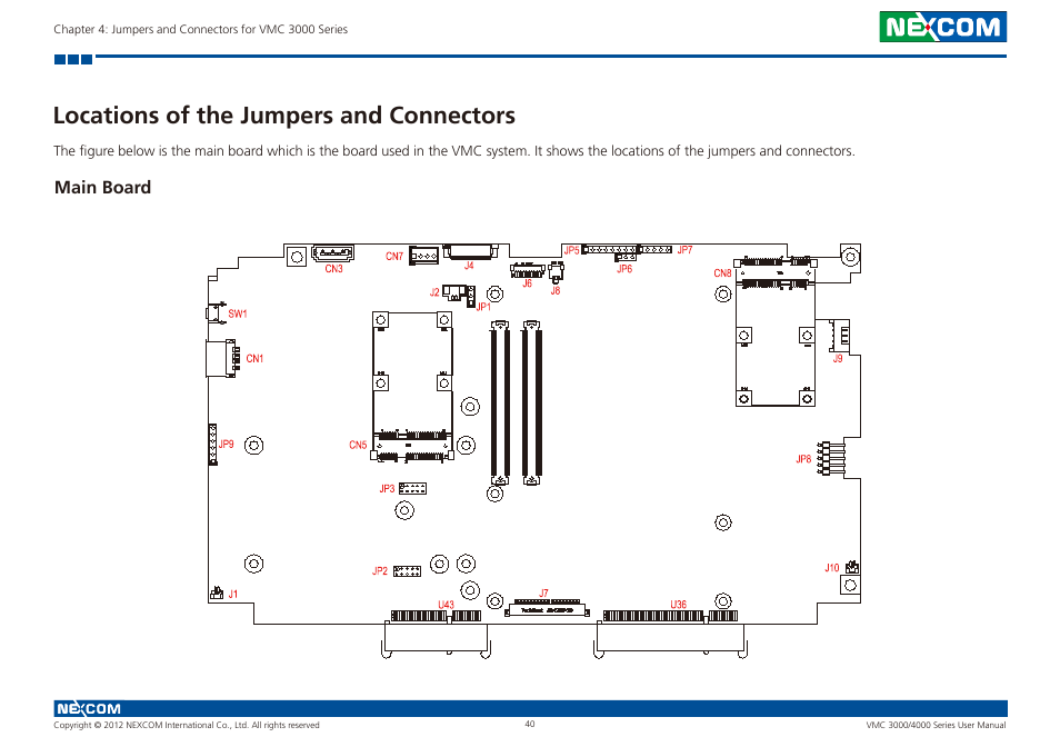 Locations of the jumpers and connectors, Main board | NEXCOM VMC 3000/ 3001 User Manual | Page 56 / 190