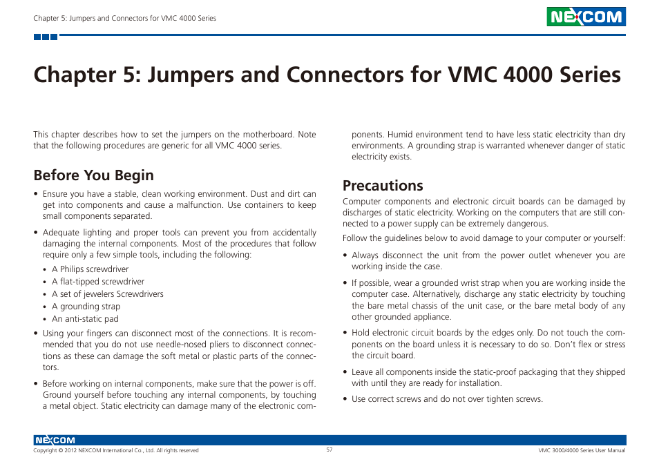 Before you begin precautions, Before you begin, Precautions | NEXCOM VMC 3000/ 3001 User Manual | Page 73 / 190