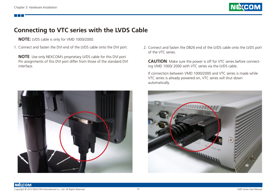 Connecting to vtc series with the lvds cable | NEXCOM VMD 1000 User Manual | Page 22 / 29