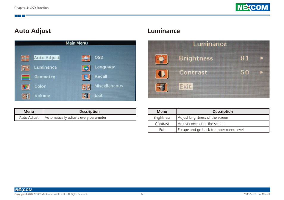 Auto adjust luminance | NEXCOM VMD 1000 User Manual | Page 25 / 29