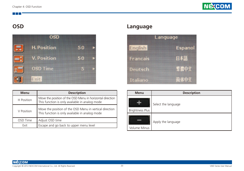Osd language | NEXCOM VMD 1000 User Manual | Page 28 / 29