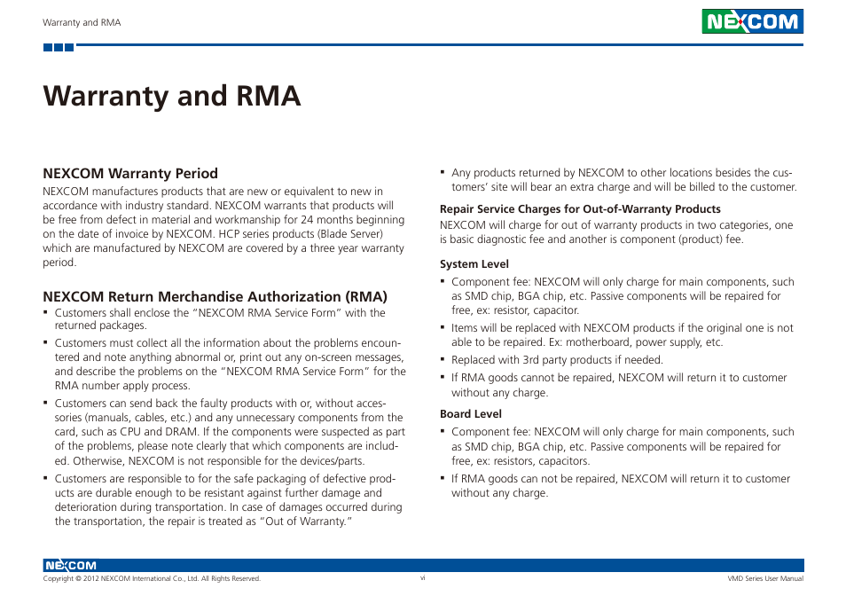 Warranty and rma | NEXCOM VMD 1000 User Manual | Page 6 / 29