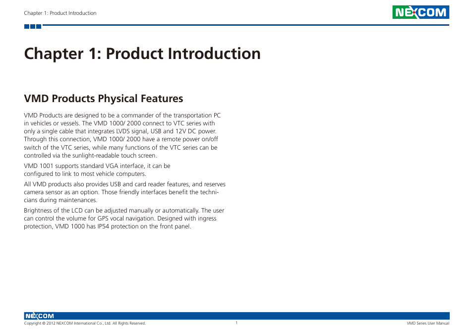 Chapter 1: product introduction, Vmd products physical features | NEXCOM VMD 1000 User Manual | Page 9 / 29