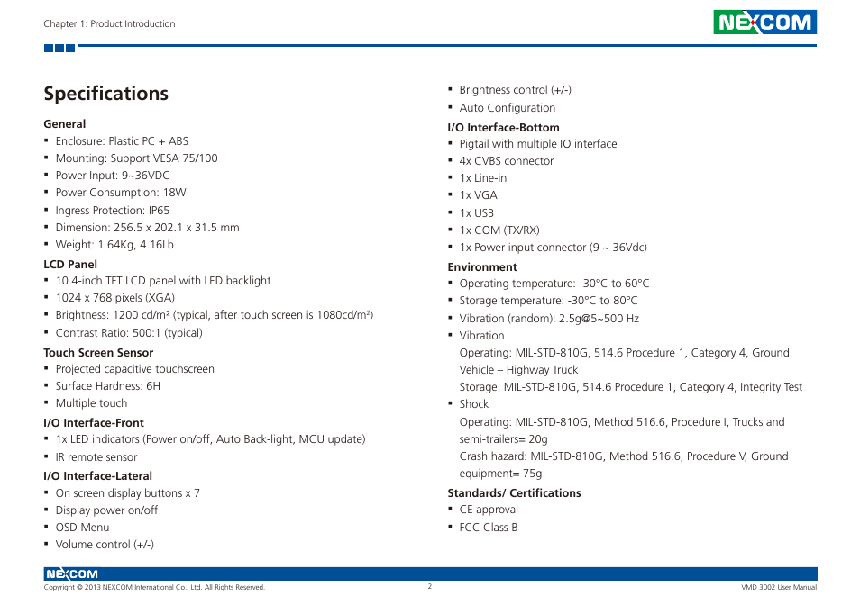 Specifications | NEXCOM VMD 3002 User Manual | Page 10 / 30