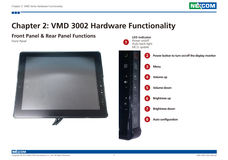 Chapter 2: vmd 3002 hardware functionality, Front panel & rear panel functions | NEXCOM VMD 3002 User Manual | Page 12 / 30