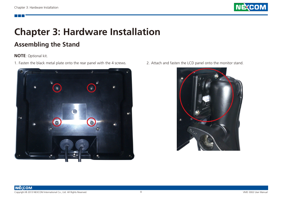 Chapter 3: hardware installation, Assembling the stand | NEXCOM VMD 3002 User Manual | Page 16 / 30