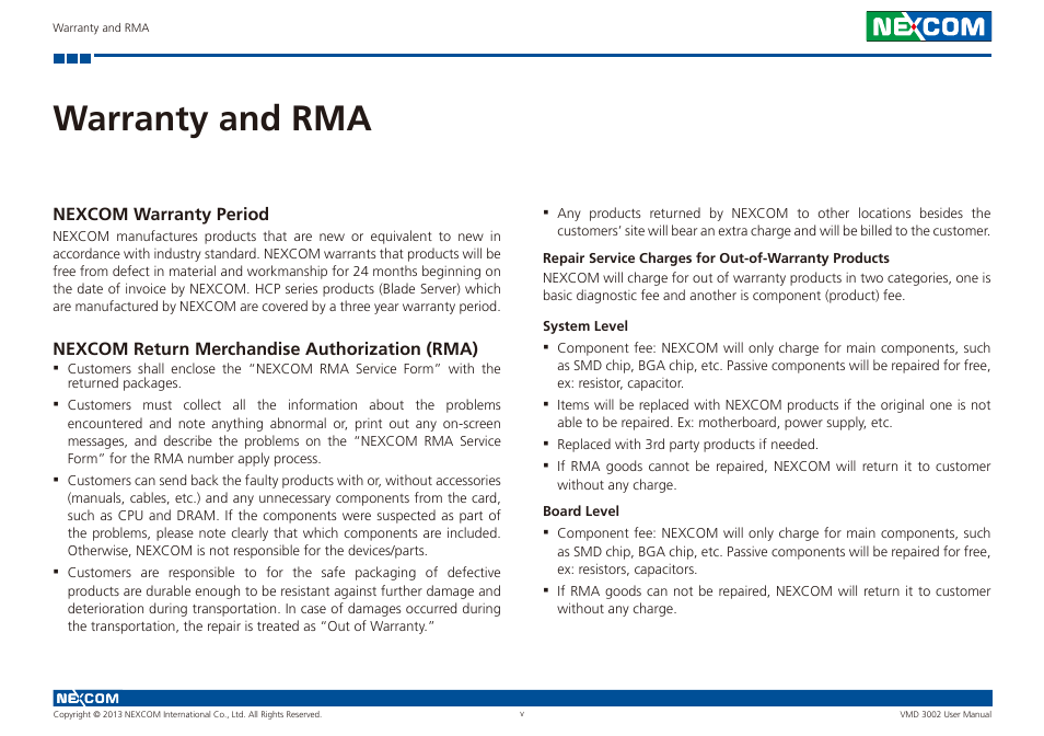 Warranty and rma | NEXCOM VMD 3002 User Manual | Page 5 / 30