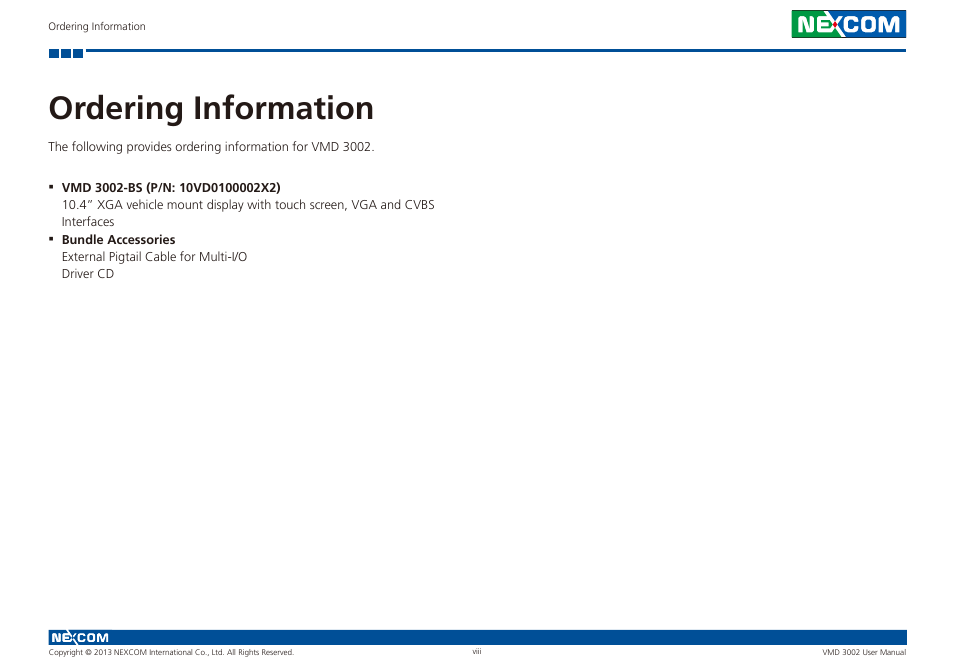 Ordering information | NEXCOM VMD 3002 User Manual | Page 8 / 30