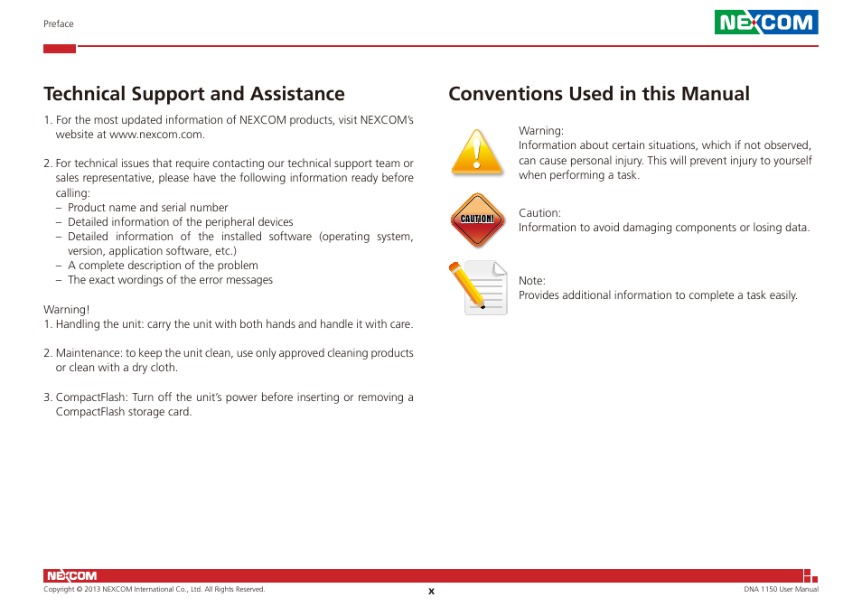 Technical support and assistance, Conventions used in this manual | NEXCOM DNA 1150 User Manual | Page 10 / 66