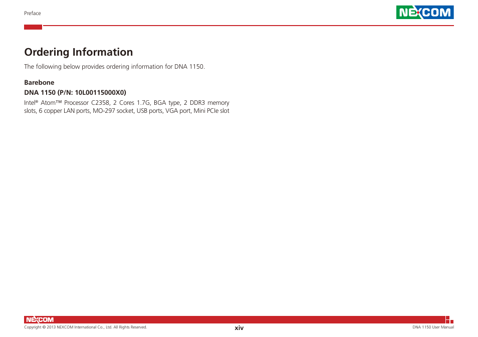Ordering information | NEXCOM DNA 1150 User Manual | Page 14 / 66