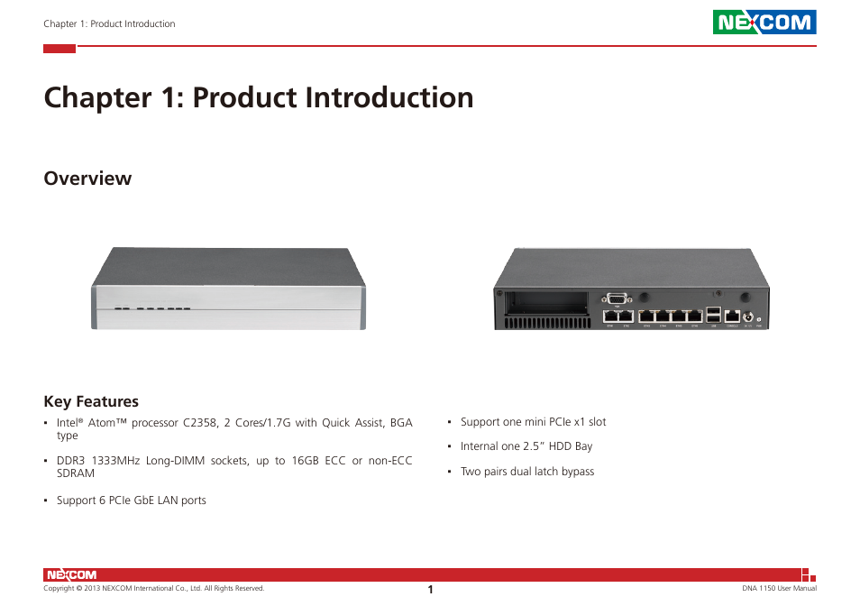 Chapter 1: product introduction, Overview, Key features | NEXCOM DNA 1150 User Manual | Page 15 / 66