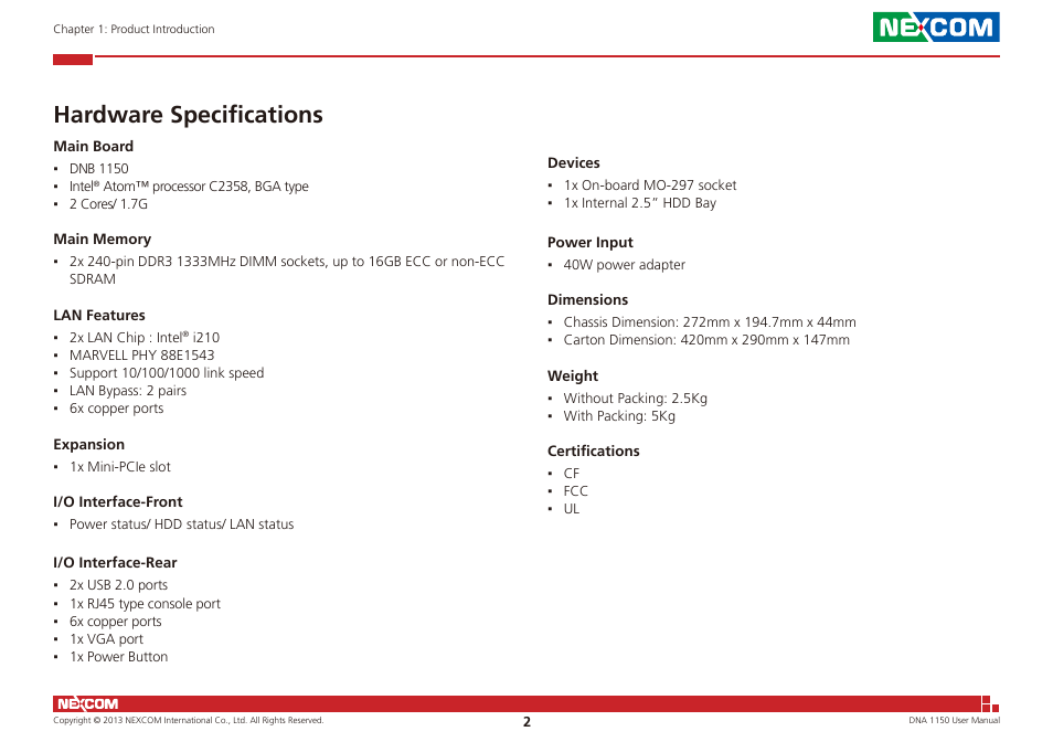 Hardware specifications | NEXCOM DNA 1150 User Manual | Page 16 / 66