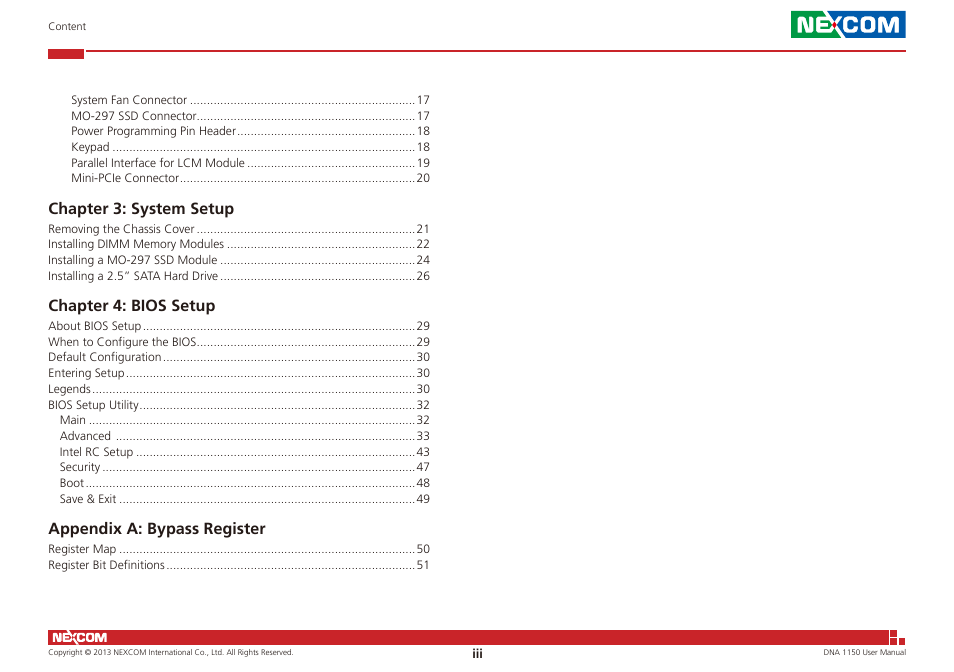 Chapter 3: system setup, Chapter 4: bios setup, Appendix a: bypass register | NEXCOM DNA 1150 User Manual | Page 3 / 66