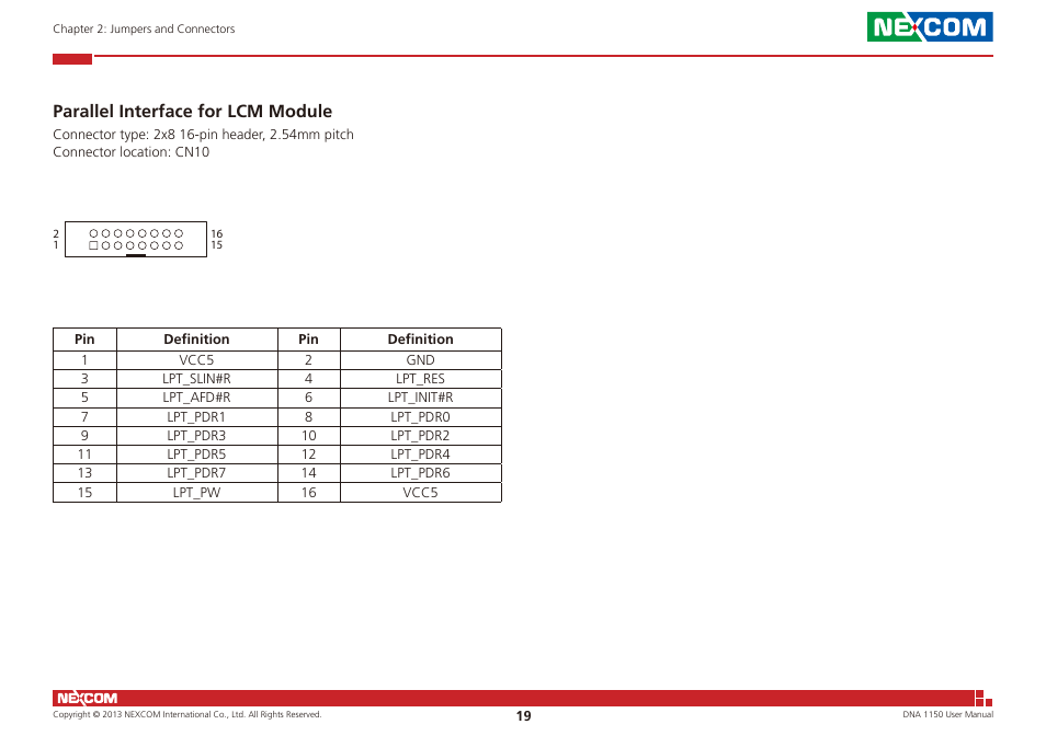 Parallel interface for lcm module | NEXCOM DNA 1150 User Manual | Page 33 / 66