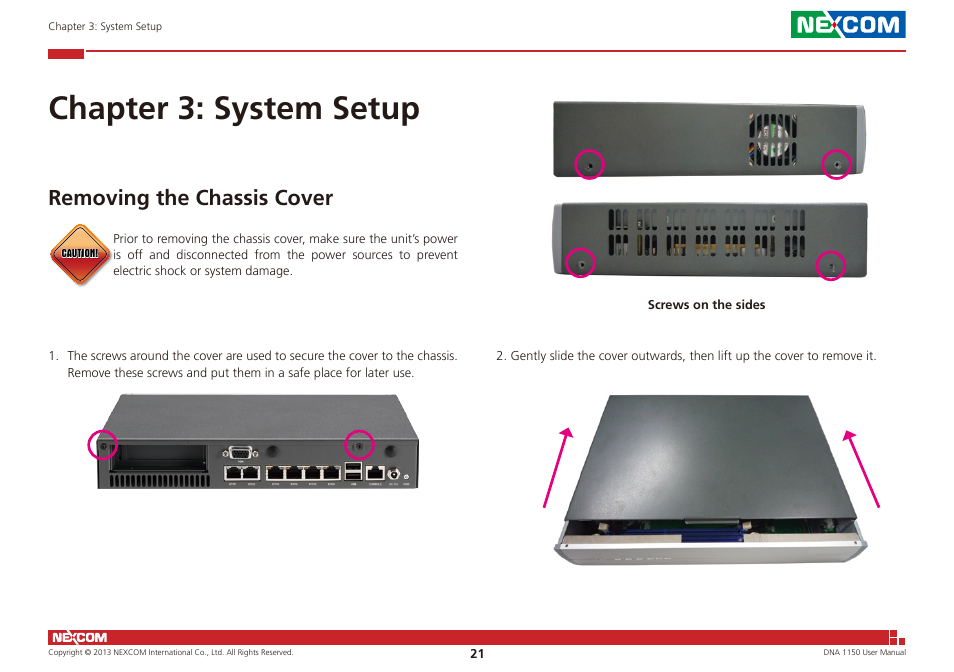 Chapter 3: system setup, Removing the chassis cover | NEXCOM DNA 1150 User Manual | Page 35 / 66