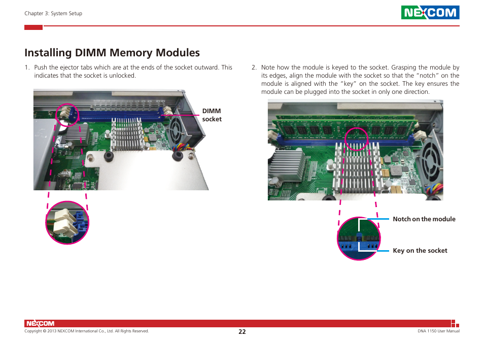 Installing dimm memory modules | NEXCOM DNA 1150 User Manual | Page 36 / 66