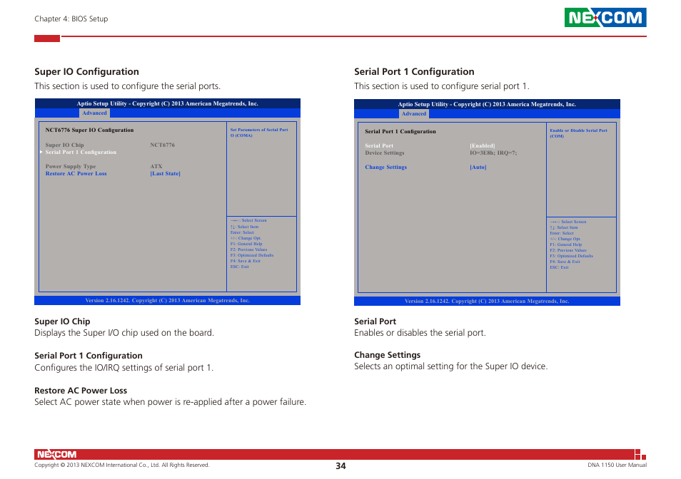 Super io configuration, Serial port 1 configuration | NEXCOM DNA 1150 User Manual | Page 48 / 66