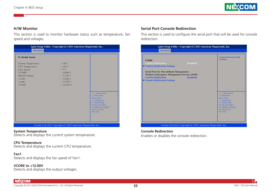H/w monitor, Serial port console redirection | NEXCOM DNA 1150 User Manual | Page 49 / 66