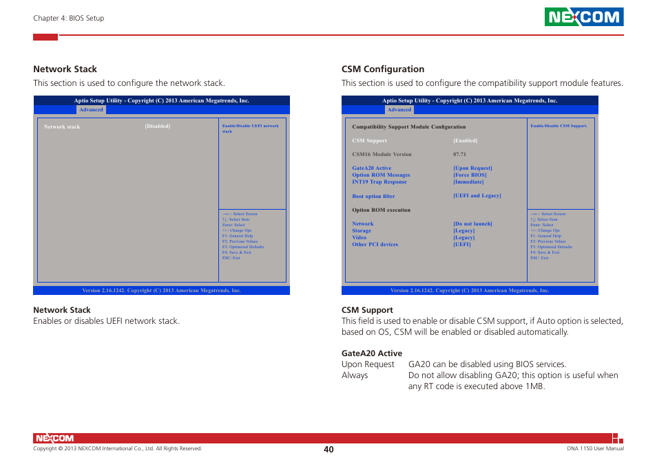 Network stack, Csm configuration | NEXCOM DNA 1150 User Manual | Page 54 / 66