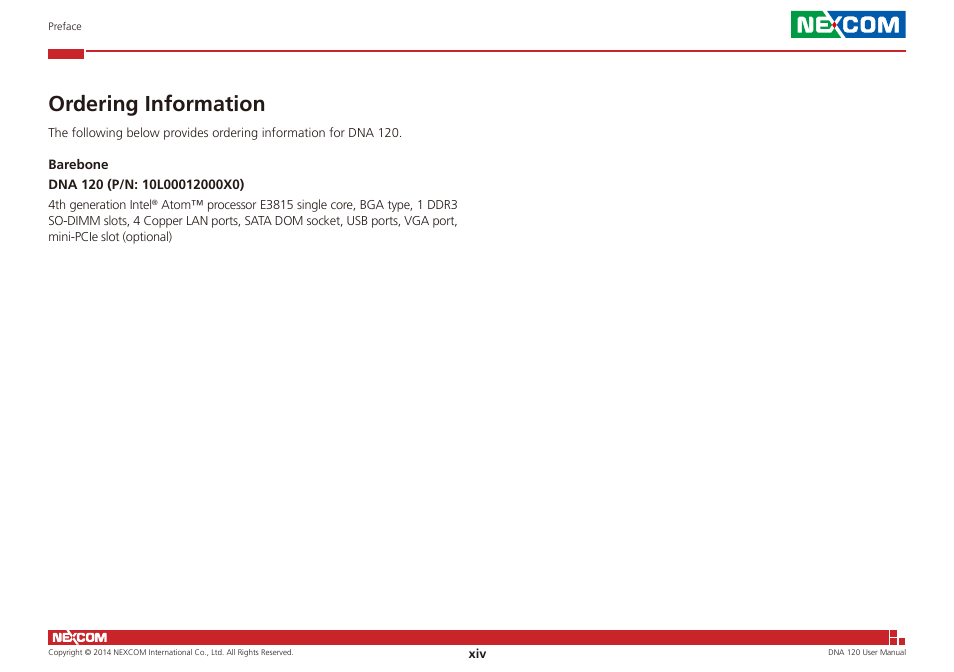 Ordering information | NEXCOM DNA 120 User Manual | Page 14 / 54