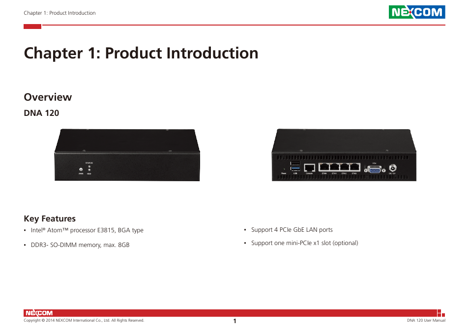 Chapter 1: product introduction, Overview, Dna 120 key features | Key features, Dna 120 | NEXCOM DNA 120 User Manual | Page 15 / 54