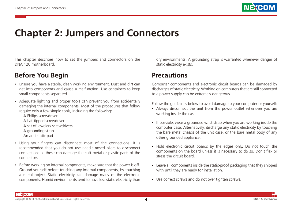 Chapter 2: jumpers and connectors, Before you begin precautions, Before you begin | Precautions | NEXCOM DNA 120 User Manual | Page 18 / 54