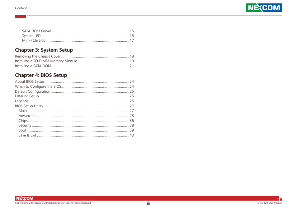 Chapter 3: system setup, Chapter 4: bios setup | NEXCOM DNA 120 User Manual | Page 3 / 54