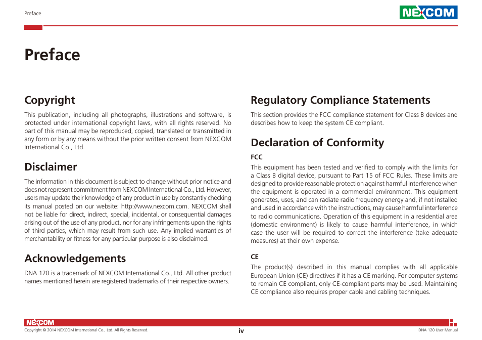 Preface, Copyright, Disclaimer | Acknowledgements, Regulatory compliance statements, Declaration of conformity | NEXCOM DNA 120 User Manual | Page 4 / 54