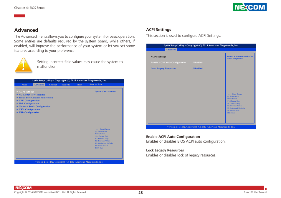 Advanced, Acpi settings | NEXCOM DNA 120 User Manual | Page 42 / 54