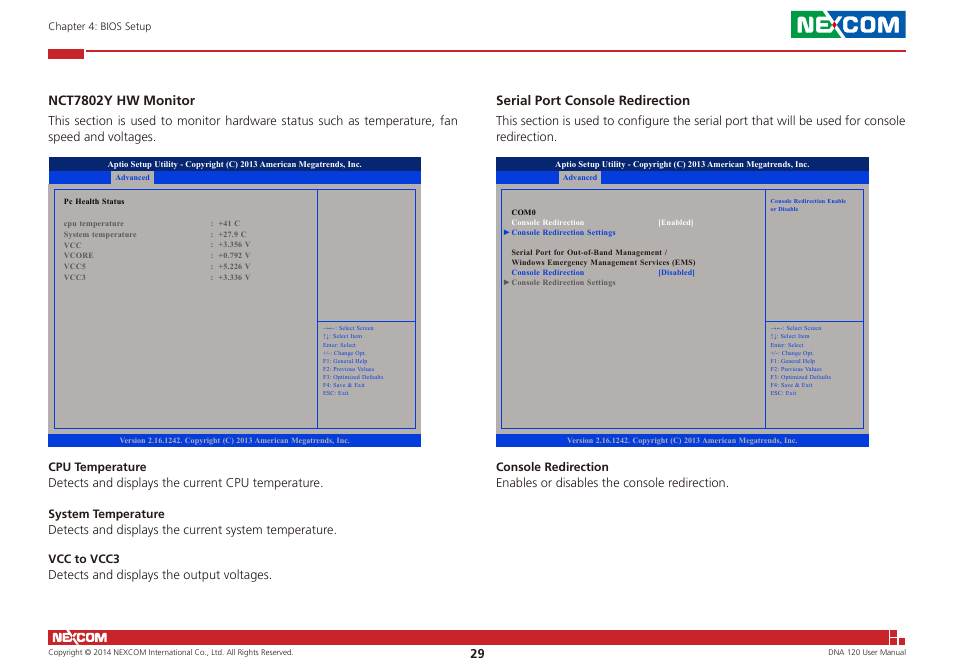 Nct7802y hw monitor, Serial port console redirection | NEXCOM DNA 120 User Manual | Page 43 / 54