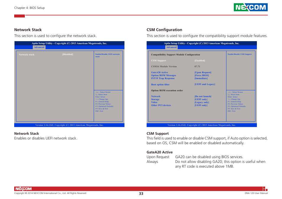 Network stack, Csm configuration | NEXCOM DNA 120 User Manual | Page 47 / 54