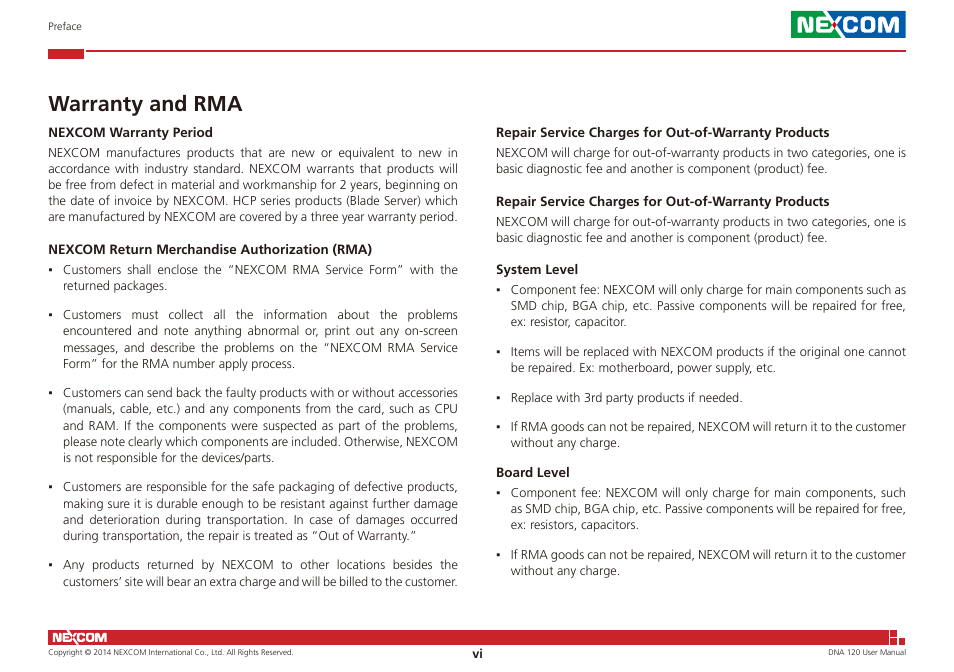 Warranty and rma | NEXCOM DNA 120 User Manual | Page 6 / 54