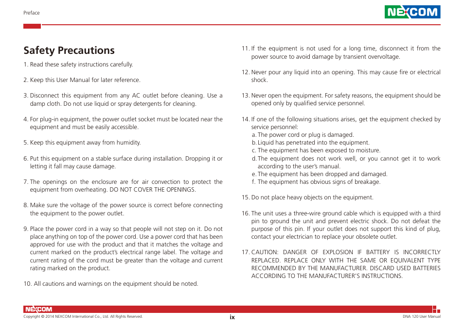 Safety precautions | NEXCOM DNA 120 User Manual | Page 9 / 54