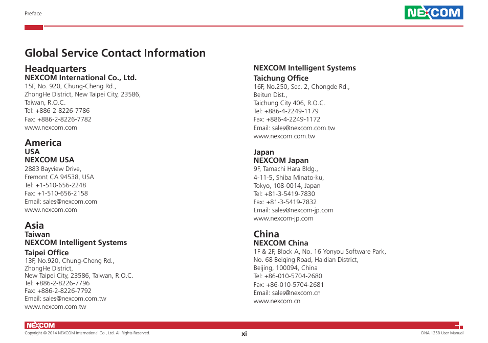 Global service contact information, Headquarters, America | Asia, China | NEXCOM DNA 125B User Manual | Page 11 / 55