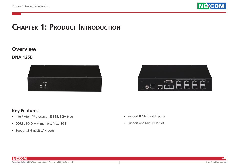 Chapter 1: product introduction, Overview, Dna 125b | Key features, Dna 125b key features, Hapter, Roduct, Ntroduction | NEXCOM DNA 125B User Manual | Page 15 / 55