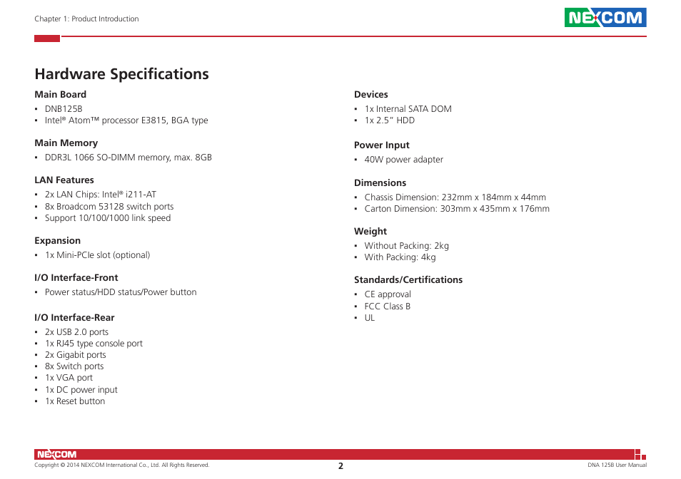 Hardware specifications | NEXCOM DNA 125B User Manual | Page 16 / 55