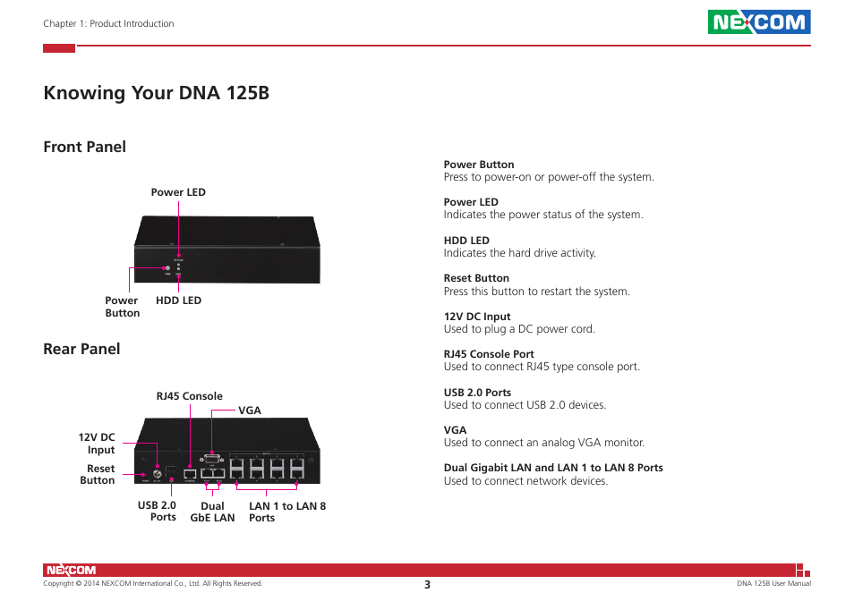 Knowing your dna 125b, Front panel, Rear panel | Front panel rear panel | NEXCOM DNA 125B User Manual | Page 17 / 55