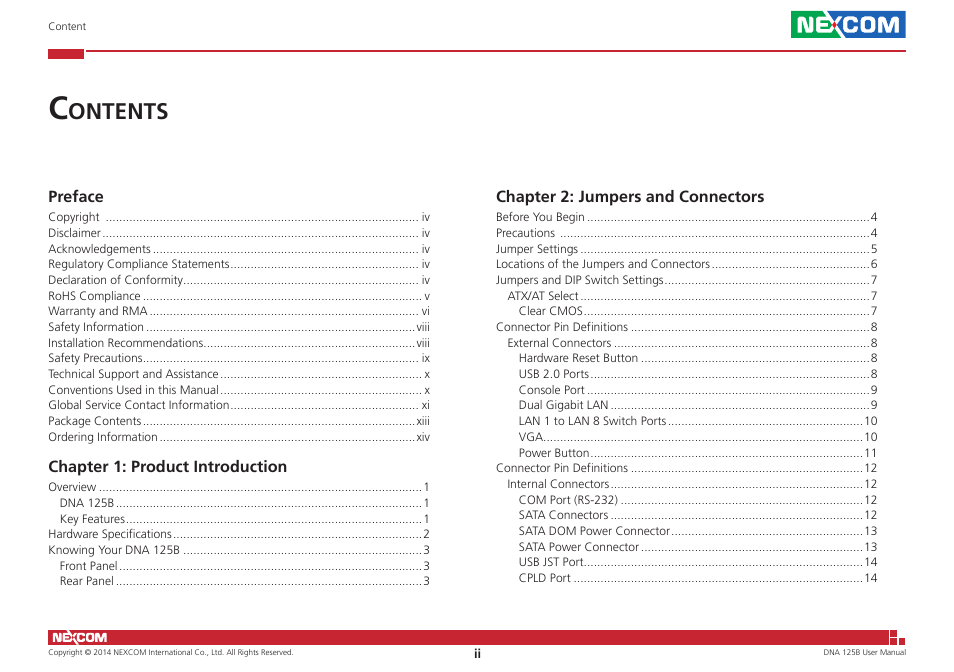 Ontents | NEXCOM DNA 125B User Manual | Page 2 / 55