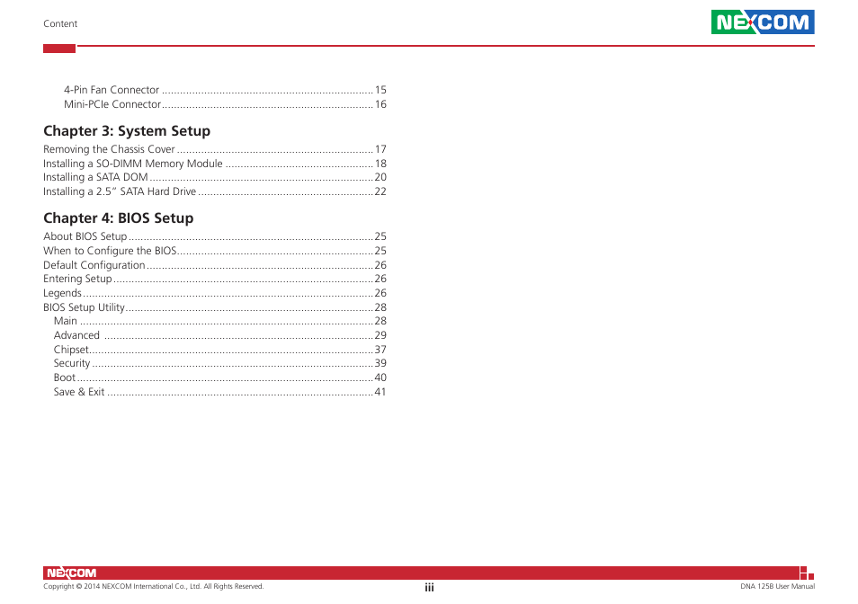 Chapter 3: system setup, Chapter 4: bios setup | NEXCOM DNA 125B User Manual | Page 3 / 55
