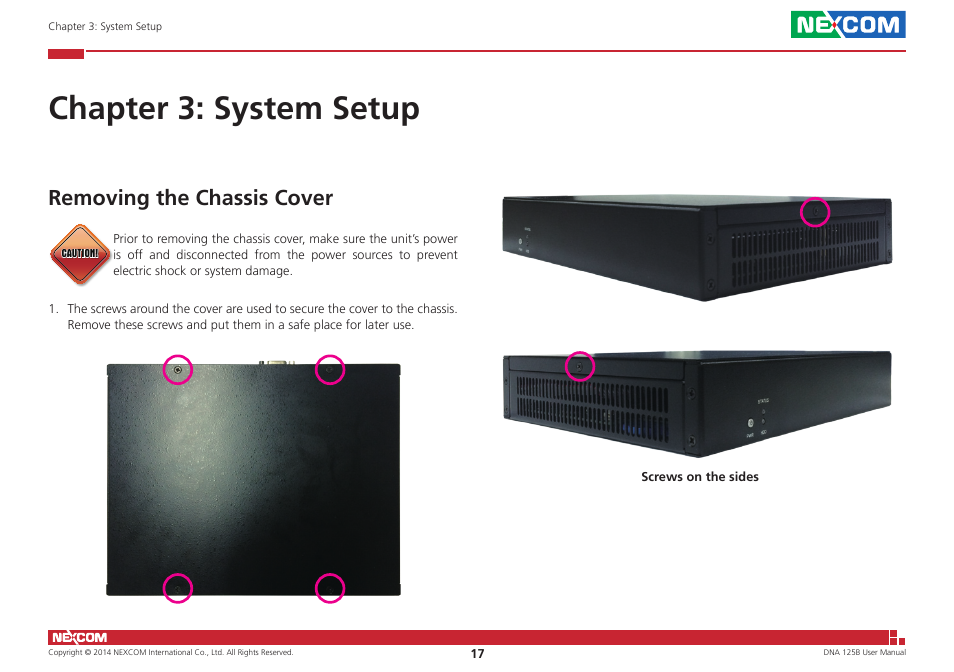 Chapter 3: system setup, Removing the chassis cover | NEXCOM DNA 125B User Manual | Page 31 / 55