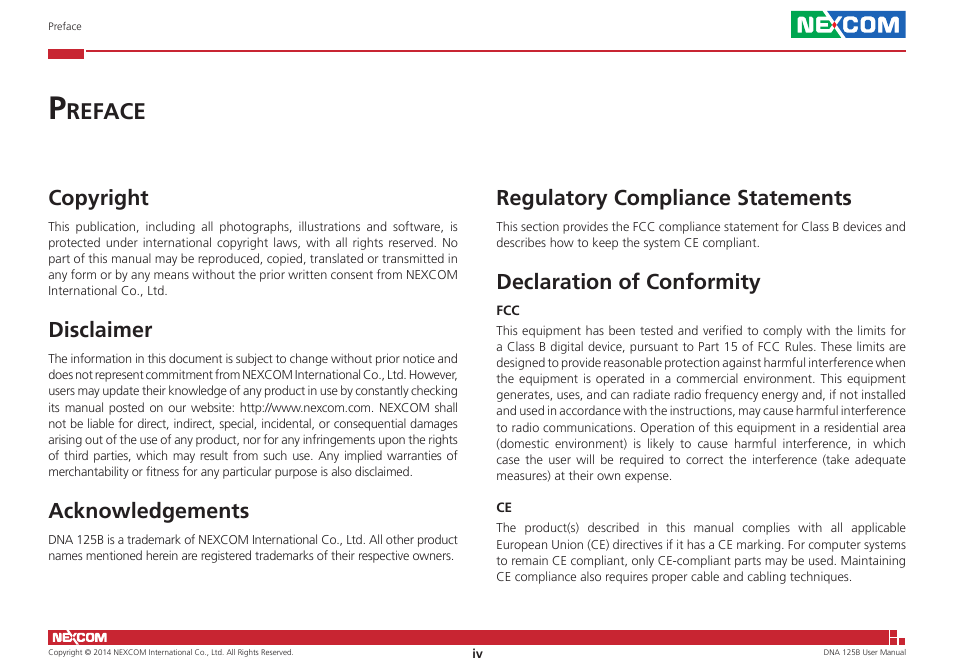 Preface, Copyright, Disclaimer | Acknowledgements, Regulatory compliance statements, Declaration of conformity, Reface | NEXCOM DNA 125B User Manual | Page 4 / 55