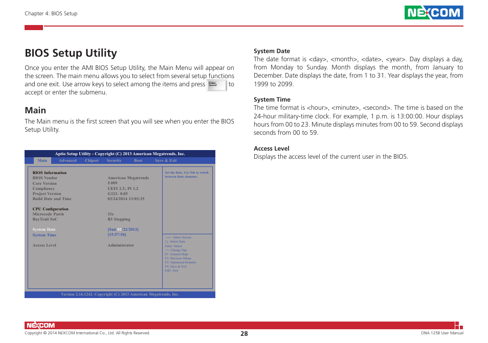 Bios setup utility, Main | NEXCOM DNA 125B User Manual | Page 42 / 55