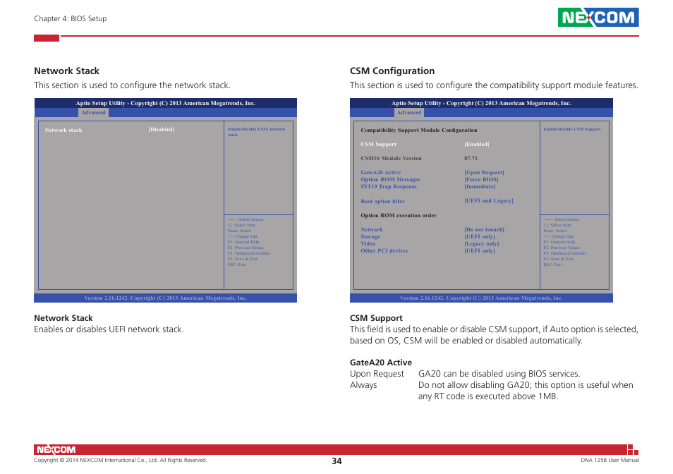 Network stack, Csm configuration | NEXCOM DNA 125B User Manual | Page 48 / 55