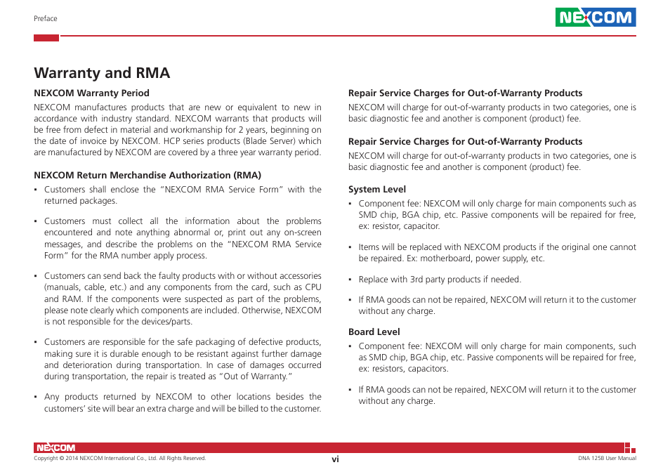 Warranty and rma | NEXCOM DNA 125B User Manual | Page 6 / 55