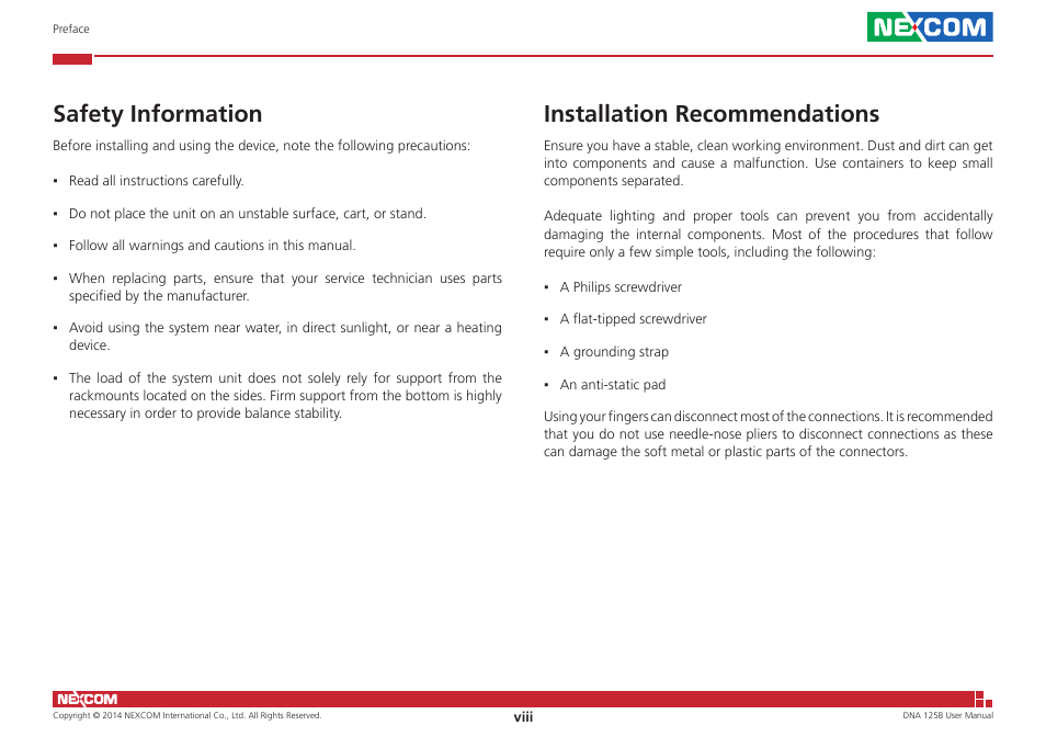 Safety information, Installation recommendations | NEXCOM DNA 125B User Manual | Page 8 / 55