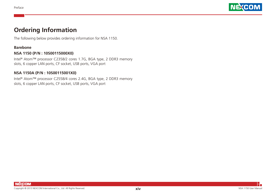 Ordering information | NEXCOM NSA 1150 User Manual | Page 14 / 61