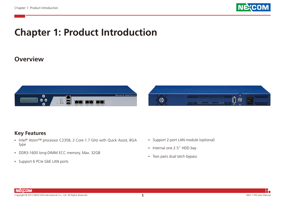 Chapter 1: product introduction, Overview, Key features | NEXCOM NSA 1150 User Manual | Page 15 / 61